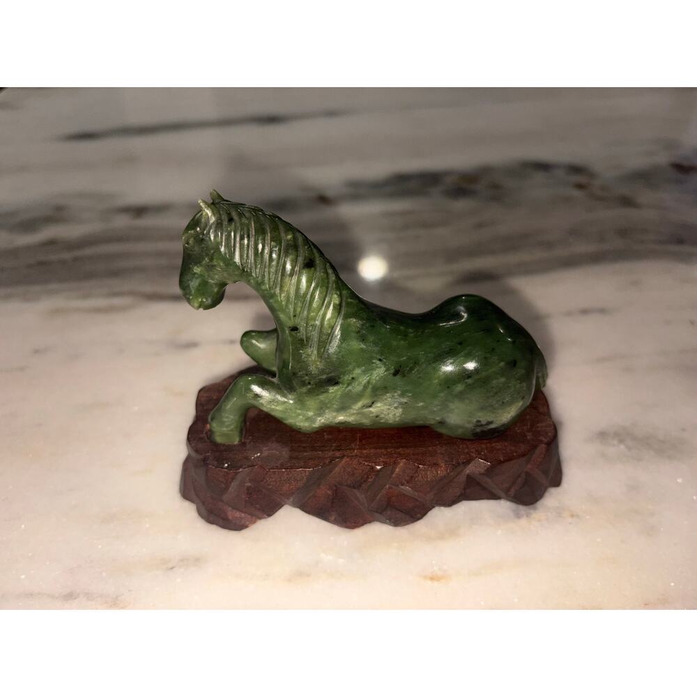 Vintage Chinese Carved Green Stone Resting Horse Figurine Custom Wood Base